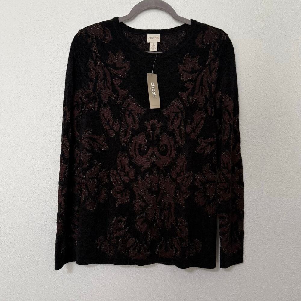 Chico's New Women's Black Metallic Brocade Pullover Sweater Size 1 US. Medium